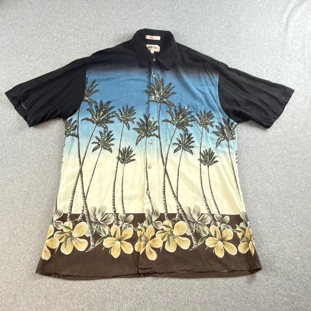 Vintage 90s Campia Moda Hawaiian Shirt L Rayon Palm Tree Floral Made in Korea